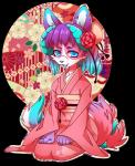 anthro asian_clothing biped clothed clothing clothing_cord cord_stopper east_asian_clothing female japanese_clothing kimono kneeling looking_at_viewer obi obijime seiza short_snout sitting smile snout solo lovelesskiax canid canine fox mammal alpha_channel