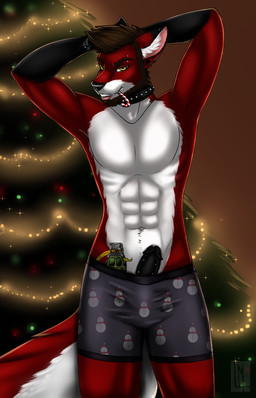 abs alternative_fashion anthro biped black_penis brown_body brown_fur brown_hair bulge candy candy_cane christmas_tree clothed clothing collar dessert ear_piercing erection eyebrow_piercing facial_piercing fangs food frenum_ladder frenum_piercing fur genital_piercing genitals hair half-closed_eyes hand_on_head holidays industrial_piercing inner_ear_fluff inside ladder_piercing lip_piercing looking_at_viewer male narrowed_eyes navel penis penis_piercing piercing plant punk smile solo studded_collar studs teeth topless tree tuft little-munster christmas sven_hayden canid canine fox mammal digital_media_(artwork) hi_res portrait three-quarter_portrait