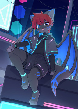 anthro biped bottomwear claws clothed clothed_anthro clothed_male clothing feet fingers front_view fully_clothed fully_clothed_anthro fully_clothed_male fur hair looking_at_viewer male night outside sitting sky smile solo star stripes tail teeth toes tongue topwear wings devil-vox mythology cyberjoel dragon mythological_creature mythological_scalie scalie 2026 absurd_res digital_drawing_(artwork) digital_media_(artwork) hi_res