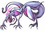 ambiguous_gender claws feral nightmare_fuel simple_background smoke solo teeth tongue witnesstheabsurd nintendo pokemon generation_7_pokemon lizard monster pokemon_(species) reptile salazzle scalie shiny_pokemon absurd_res hi_res