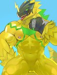 abs anthro armor biceps clothing featureless_crotch fingerless_gloves gloves handwear headgear helmet male muscular muscular_anthro muscular_male navel nipples pecs sharp_teeth solo teeth tongue tongue_out yellow_body fug@9 bandai_namco digimon bulkmon digimon_(species) 3:4