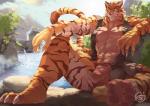 4_toes 5_fingers abs anthro barefoot biceps biped brown_stripes bulge claws clothed clothing detailed_background feet fingers fur male multicolored_body multicolored_fur muscular muscular_anthro muscular_male nipples orange_body orange_fur outside pawpads pecs relaxing shadow sitting solo striped_body striped_fur stripes toe_claws toes topwear underwear vest water white_body white_fur soddy felid mammal pantherine tiger digital_media_(artwork)