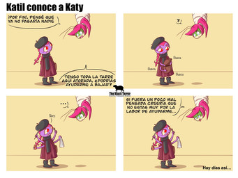 anthro bound clothed clothing dialogue duo female green_body hair hat headgear headwear humor multi_eye multi_limb pink_hair ponytail purple_body red_eyes red_hair scarf speech_bubble text the-black-terror katil_(jdanieloart) arachnid arthropod spider 4:3 comic hi_res spanish_text