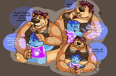anthro blue_body blue_fur bodily_fluids clothing comforting crying dialogue duo fur hug larger_male male male/male overweight overweight_male shirt size_difference smaller_male tank_top tears text topwear cedrik2208 jan_(bearafterall) rub_(cedrik2208) bear mammal 2022 absurd_res english_text hi_res