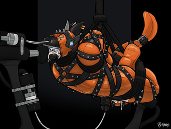 anthro arms_tied bdsm black_collar blindfold blue_eyes bodily_fluids bondage bondage_gear bound bracelet clothing collar cuff_(restraint) cum cum_in_mouth cum_in_self cum_inside drinking dripping ear_piercing ear_ring erection feeding forced frogtied fucking_machine fully_bound genital_fluids genitals green_eyes hands_behind_back harness jewelry latex latex_clothing latex_skinsuit leather leather_cuffs legs_tied machine male male_anthro mask medical medical_instrument milking_machine muzzle_(object) oral oral_penetration orange_clothing penetration penile penis penis_milking piercing restraints ring_piercing scientific_instrument sensory_deprivation sex_toy simple_background skinsuit solo spiked_bracelet spiked_collar spikes straps submissive submissive_male suspension suspension_bondage tail tail_tied tight_clothing tube rynnks mammal scalie 4:3 absurd_res digital_media_(artwork) hi_res signature
