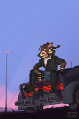 anthro black_hair braided_hair brown_body brown_fur clothed clothed_anthro clothed_male clothing eyewear footwear fur glasses hair high_heels male multicolored_body multicolored_fur outside ponytail shoes sitting_on_vehicle solo tan_body tan_fur text utility_pole wearing_glasses nixmoonl canid mammal 2025 artist_name dated hi_res
