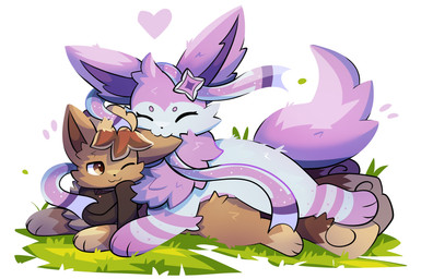 :3 ambiguous_gender big_tail black_nose brown_body brown_collar brown_ears brown_eyes brown_fur brown_paws brown_pupils brown_scarf brown_tail cheek_tuft collar countershade_torso countershading duo eyelashes eyes_closed facial_tuft feral fluffy fluffy_ears fluffy_mane fluffy_tail fur grass happy heart_pendant heart_symbol inner_ear_fluff leg_markings long_ears looking_at_another looking_back lying lying_on_another mane markings mouth_closed multicolored_body multicolored_fur nibbling on_front plant pupils purple_body purple_ears purple_fur purple_inner_ear_fluff purple_mane purple_paws purple_tail quadruped ribbons_(anatomy) scarf simple_background smile sparkles star_(marking) striped_body striped_legs stripes tail tuft two_tone_body two_tone_fur uwu white_background white_body white_fur white_sclera apolozorua nintendo pokemon phaelin_(phaelin) tiru_summers eeveelution generation_1_pokemon generation_6_pokemon pokemon_(species) sylveon vulpix 2026 absurd_res digital_media_(artwork) hi_res