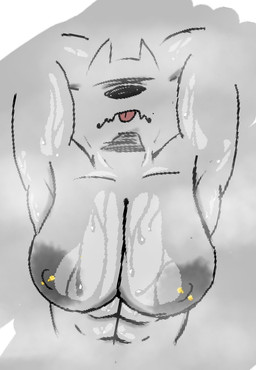 abs anthro areola armpit_musk big_breasts bodily_fluids breasts canine_teeth female muscle_tone musk nipple_piercing nipples piercing solo_focus sweat sweatdrop tongue tennokuma canid canine mammal greyscale hi_res monochrome