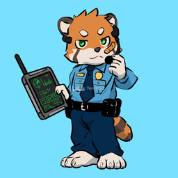 anthro band-aid band-aid_on_face bandage bandage_on_face blue_background clothing duty_belt electronics green_eyes male necktie police police_badge police_belt police_officer police_uniform simple_background solo tablet_computer uniform walkie-talkie tonyhsq ailurid mammal red_panda 1:1