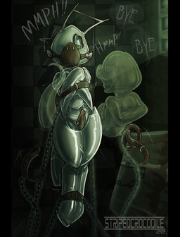 ambiguous_gender antennae_(anatomy) anthro arm_strap arms_together bdsm belt belt_bondage biped blue_eyes bodily_fluids bondage bound captured chain chained clothing crossed_arms crying dialogue dominant dominant_male duo erection floating floating_chain floating_object forced fully_bound gag gagged genitals glistening glistening_body green_body green_latex grin harness haunted haunted_objects helpless imminent_urethral_penetration latex latex_bondage latex_clothing latex_skinsuit leather leather_bondage leather_muzzle leather_strap leg_strap legs_together liquid_latex looking_at_another male male/ambiguous moan muffled muffled_screaming muffled_speech muzzle_(object) muzzled one_eye_obstructed penis peril permanent permanent_bondage prisoner restrained restrained_arms restrained_legs restraints sadism sadistic_smile scared sensory_deprivation shaking skinsuit smile speech_bubble strap_bondage straps struggling submissive submissive_male suspension suspension_bondage tapering_penis tears tendrils tentacles text thick_thighs tight_clothing trapped tremble_spikes trembling wall_(structure) stripedcrocodile nintendo pokemon edgar_munroe generation_1_pokemon ghost pokemon_(species) scyther spirit digital_drawing_(artwork) digital_media_(artwork) hi_res signature watermark