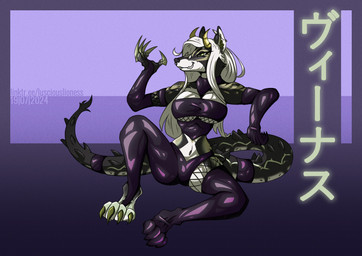anthro armwear big_breasts breasts claws clothing ear_piercing facial_piercing female finger_claws fishnet_armwear fishnet_clothing fishnet_legwear fishnet_topwear fur gloves hair handwear horn inner_ear_fluff latex latex_clothing latex_gloves latex_handwear latex_legwear legwear long_hair nose_piercing piercing sitting solo tail tail_tuft toe_claws topwear tuft lusciouslioness art_fight alligator alligatorid canid canine canis crocodilian furred_scalie hybrid mammal reptile scalie wolf 2024 colored dated hi_res shaded