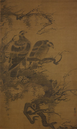 ambiguous_feral ambiguous_gender avian_feet beak biped bipedal_feral branch cjk_character duo feathered_wings feathers feet feral leaf looking_down on_branch scuted_feet scutes simple_background standing tail tail_feathers talons toes wings lin_liang accipitrid accipitriform avian bird eagle 15th_century absurd_res ancient_art hi_res monochrome painting_(artwork) traditional_media_(artwork) traditional_painting_(artwork)
