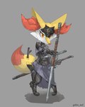 4_fingers anthro armor biped cheek_tuft clothed clothing dipstick_tail facial_tuft fingers fluffy fluffy_tail fur grey_background holding_melee_weapon holding_object holding_sword holding_weapon inner_ear_fluff looking_at_viewer male markings melee_weapon mouth_closed orange_eyes paws red_inner_ear_fluff red_tail_tip shadow simple_background solo standing stick sword tail tail_markings text tuft weapon white_body white_fur white_sclera yellow_body yellow_fur goblin_serf nintendo pokemon braixen generation_6_pokemon pokemon_(species) 2024 4:5 absurd_res artist_name digital_media_(artwork) english_text hi_res