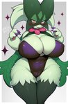 anthro big_breasts black_clothing black_legs black_leotard blush breasts camel_toe claws cleavage clothed clothing curvy_figure cute_fangs eyelashes fangs female fur green_body green_fur huge_breasts leotard looking_at_viewer open_mouth pink_nose purple_claws red_eyes solo teeth thick_thighs wide_hipped_female wide_hips shirokoma nintendo pokemon generation_9_pokemon meowscarada pokemon_(species) hi_res