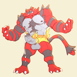accessory anthro arms_wide balls bodily_fluids cock_ring dominant erection flexing genitals green_eyes jewelry looking_at_viewer male muscular muscular_anthro muscular_male pecs penis_accessory penis_jewelry red_body simple_background striped_body stripes tail white_background wrestler wrestling_briefs yellow_sclera rickleone nintendo pokemon felid generation_7_pokemon incineroar mammal pantherine pokemon_(species) tiger 1:1 hi_res