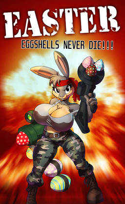 anthro big_breasts black_eyes boots bottomwear breasts buckteeth camo camo_bottomwear camo_clothing camo_pants camo_print chest_tuft cleavage clothed clothing combat_boots easter_egg female footwear fur grey_body grey_fur holding_object holding_weapon holidays huge_breasts kerchief pants pattern_bottomwear pattern_clothing pattern_pants ranged_weapon rocket_launcher shoes solo tan_body tan_fur teeth text tuft weapon chochi easter lagomorph leporid mammal rabbit 2021 english_text hi_res