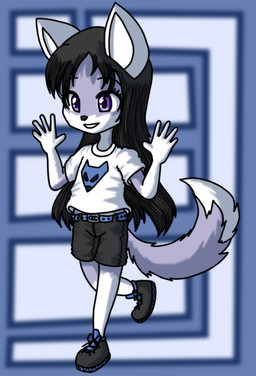 5_fingers anthro belt black_bottomwear black_clothing black_footwear black_shoes black_shorts bottomwear clothed clothed_anthro clothed_female clothing female fingers footwear fur hands_up happy purple_body purple_eyes purple_fur shirt shoelaces shoes shorts smile solo t-shirt topwear young dragojin_(artist) aurora_phoenix canid canine fox mammal phoenix_blood hi_res