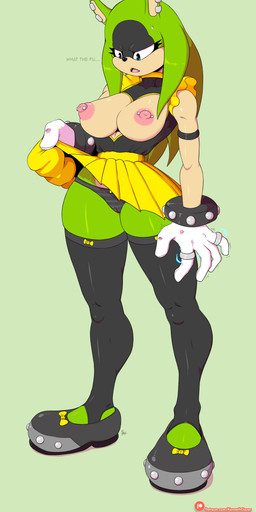 anthro areola big_breasts black_body black_clothing black_fur black_legwear black_nose black_panties black_thigh_highs black_topwear black_underwear blue_eyes bodily_fluids bottomwear bracelet breasts camel_toe clothed clothing clothing_lift dialogue ear_piercing exposed_breasts eyelashes facial_markings female footwear front_view fur gloves green_body green_fur grey_clothing grey_footwear grey_panties grey_shoes grey_underwear handwear head_markings jewelry legwear markings nipple_piercing nipples open_mouth panties pattern_bottomwear pattern_clothing pattern_panties pattern_underwear piercing pink_areola pink_nipples ring shoes skirt skirt_lift solo striped_bottomwear striped_clothing striped_panties striped_underwear stripes studded_bracelet studded_jewelry studs sweat sweatdrop tan_body tan_fur text thick_thighs thigh_highs topwear underwear white_clothing white_gloves white_handwear yellow_bottomwear yellow_clothing yellow_skirt hiliwd idw_publishing sega sonic_the_hedgehog_(comics) sonic_the_hedgehog_(idw) sonic_the_hedgehog_(series) surge_the_tenrec afrosoricid mammal tenrec absurd_res hi_res