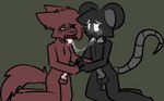 after_kiss anthro bodily_fluids bow_tie cartoon_eyes dripping duo ear_piercing ear_ring fur genitals hand_holding holding_each_other male maroon_fur orange_eyes penis pie_cut_eyes piercing red_body red_fur ring_piercing saliva saliva_drip saliva_on_tongue saliva_string simple_background small_penis toony white_eyes poisonedcherry_(artist) sorbet_(frozenmouse) zeke_(poisonedcherry) canid canine fox mammal mouse murid murine rodent