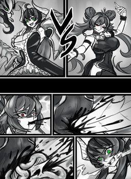 blood bodily_fluids death female gore green_eyes guts horn intestines melee_weapon monk organs red_eyes shield snuff stab sword weapon skarma dnf_duel mythology dragon_knight_(dnf_duel) nen_master_(dnf_fuel) dragon horned_humanoid human humanoid mammal mythological_creature mythological_scalie scalie absurd_res black_and_white comic hi_res monochrome