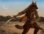 2015 anthro armor biped boots bottomwear braided_hair brown_body brown_eyes brown_fur clothed clothing crescent_moon day detailed detailed_background detailed_fur ear_piercing eye_scar facial_scar footwear fur hair holding_melee_weapon holding_object holding_sword holding_weapon hyena leather leather_armor lochan male mammal melee_weapon moon outside pants piercing pose red_lantern rukis scabbard scar scarf scenery scimitar sky solo standing story story_in_description striped_hyena stripes sword topwear vest wasteland weapon white_body white_fur