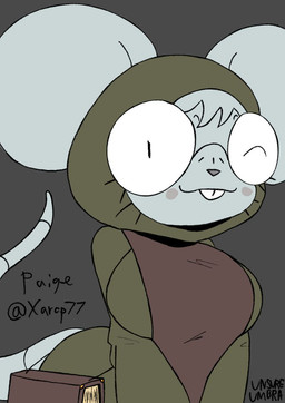 anthro apron big_breasts blush blush_stickers book breasts brown_apron brown_clothing buckteeth clothing eyelashes eyewear female female_anthro fur glasses green_clothing grey_background grey_body grey_fur grey_hair hair hood one_eye_closed simple_background solo teeth wearing_glasses wink unsureumbra paige_(xarop77) mammal mouse murid murine rodent credits signature