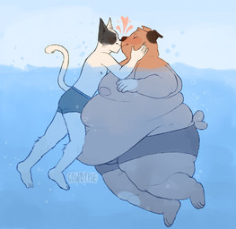 anthro belly belly_press big_belly bubble clothing duo eyes_closed floating hand_on_cheek heart_symbol kissing male male/male nipples obese obese_anthro obese_male overweight overweight_anthro overweight_male size_difference skinny skinny_male smaller_male swimming swimwear tail weight_difference cowdypie ivan_(cowdypie) ricky_(cowdypie) canid canine felid feline mammal hi_res