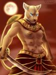 2017 3:4 6_breasts anthro areola armor black_nose blue_eyes bottomwear breasts clothed clothing cutlass diaszoom egyptian emerald_(gem) felid female fur gem gold_(metal) holding_object holding_sword holding_weapon jewelry lapis_(gem) lion loincloth looking_at_viewer mammal melee_weapon moon multi_breast muscular muscular_anthro muscular_female nipple_piercing nipples pantherine pectoral piercing rose_quartz_(gem) ruby_(gem) saber sartharina solo supernumerary_breasts sword tail tail_tuft topless tuft unconvincing_armor warrior weapon