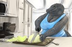 anthro biped breasts claws female finger_claws food fruit green_eyes grey_body honeydew_melon inside kitchen knife melon non-mammal_breasts overweight plant solo doctordj olivia_(doctordj) crocodile crocodilian reptile scalie 2023 digital_media_(artwork) hi_res