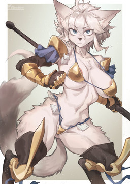 armor bikini bikini_armor blue_eyes breasts butt clothing female fur gauntlets gloves gold_bikini hair handwear holding_melee_weapon holding_object holding_polearm holding_spear holding_weapon looking_at_viewer melee_weapon navel polearm short_hair solo spear swimwear tail text two-piece_swimsuit unconvincing_armor weapon white_body white_fur white_hair iepelppa unicorn_overlord vanillaware dinah_(unicorn_overlord) canid canine mammal werecanid werecanine werecreature werefox artist_name