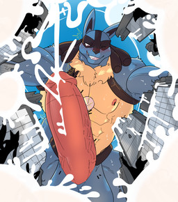 anthro balls big_balls big_penis blue_body bodily_fluids circumcised circumcision_scar city cloud cum destruction excessive_cum excessive_genital_fluids extreme_size_difference fish_eye_view flooding genital_fluids genital_scar genitals humanoid_genitalia humanoid_penis looming low-angle_view macro male muscular muscular_male nipples one_eye_closed orgasm penis red_eyes scar silhouette size_difference spines wink happyending nintendo pokemon canid canine generation_4_pokemon lucario mammal pokemon_(species) hi_res
