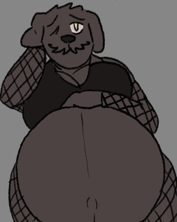 anthro belly big_belly canid canine canis clothed clothing doctor_sylvan_(sbeve_wagon) domestic_dog fishnet fishnet_legwear legwear looking_at_viewer male mammal overweight overweight_male pregnant pregnant_male sbeve_wagon simple_background slutty_clothing smile solo thick_thighs