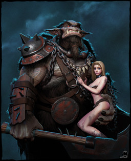 angry armor axe blonde_hair blue_eyes bone bone_necklace chain collar dirty duo ear_piercing fangs female hair hairy holding_object holding_weapon jewelry melee_weapon necklace piercing red_eyes size_difference spikes teeth vein weapon muppet-man monster hi_res