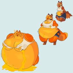 anthro belly belly_expansion beverage blush bottomwear breast_expansion breasts brown_body brown_fur clothed clothing crop_top digitigrade ear_piercing expansion female food fruit fur heart_symbol immobile inflation juice juice_(beverage) juice_inflation mid_transformation midriff navel orange_(fruit) orange_body partially_clothed piercing plant shirt shorts simple_background solo tan_body tan_fur topwear transformation weight_gain foxes-radio canid canine canis coyote mammal hi_res