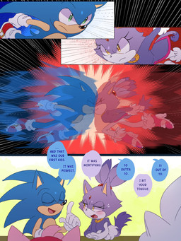 accidental_kiss anthro aura blush boss_battle clashing clothing dialogue duo female footwear gloves green_eyes handwear hero high_heels humor jacket male princess romantic romantic_couple royalty running shoes smile speech_bubble text topwear yellow_eyes oatumn sega sonic_the_hedgehog_(series) blaze_the_cat sonic_the_hedgehog domestic_cat eulipotyphlan felid feline felis hedgehog mammal 3:4 comic english_text hi_res