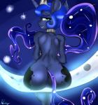 absurd_res anthro athletic athletic_anthro athletic_female bedroom_eyes big_butt biped blue_body blue_eyes blue_fur blue_hair butt cutie_mark dawntrotter equid equine female friendship_is_magic fur hair half-closed_eyes hasbro hi_res hooves horn long_hair looking_at_viewer looking_back mammal moon my_little_pony mythological_creature mythological_equine mythology narrowed_eyes outside ponytail presenting princess_luna_(mlp) rear_view seductive sitting smile solo star teal_eyes unicorn