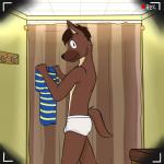 1:1 anthro blue_clothing blue_shirt blue_topwear briefs bulge canid canine canis clothed clothing coat_hook domestic_dog fitting_room fuze hi_res inside looking_at_viewer male mammal one_way_mirror pattern_clothing pattern_shirt pattern_topwear recording shirt side_view solo standing striped_clothing striped_shirt striped_topwear stripes tighty_whities topless topwear underwear vignette white_briefs white_clothing white_underwear