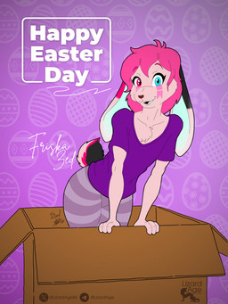 anthro biped black_nose bottomwear box brown_eyes buckteeth clothed clothing container eye_markings front_view fur hair heterochromia holidays looking_at_viewer male markings open_mouth pants pattern_bottomwear pattern_clothing pattern_pants pink_body pink_eyes pink_fur pink_hair pink_markings purple_clothing purple_shirt purple_topwear scut_tail shirt short_hair short_tail solo standing striped_bottomwear striped_clothing striped_pants stripes tail teeth text tongue topwear lizardage easter lagomorph leporid mammal rabbit 2026 english_text hi_res