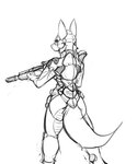 2016 anthro armor biped breasts butt butt_pose canid canine digital_drawing_(artwork) digital_media_(artwork) digitigrade female fox gun looking_at_viewer machine mammal melee_weapon monochrome pose power_armor ranged_weapon rear_view science_fiction simple_background snout solo standing tail watsup weapon white_background