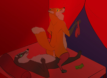 animal_genitalia animal_penis anthro bed black_body black_fur clothing duo ear_piercing fur furniture genitals jockstrap leggings legwear male male/male mustelid_penis orange_body orange_fur penis piercing prostitution strip_club underwear toothyfops charlie_(toothyfops) badger canid canine fox mammal mustelid musteline hi_res nonbinary_(lore)