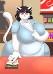 anthro anthro_focus apron arrow_through_heart belly big_breasts black_hair blurred_background breasts chubby_cheeks claws cleavage clothed clothing clothing_pull collar collar_pull detailed_background diner dress ear_piercing ear_ring eyeliner female female_focus frown fully_clothed fur furniture hair heart_after_text heart_symbol highlights_(coloring) huge_breasts huge_hips huge_thighs inside looking_at_viewer makeup message note overweight overweight_anthro overweight_female passing_note piercing pink_highlights public restaurant ring_piercing short_hair solo table text text_with_heart thick_thighs tight_clothing tight_dress topwear topwear_pull waiter waitress_uniform whiskers white_body white_fur wide_hips yellow_eyes wit_1 deltarune undertale_(series) catti_(deltarune) domestic_cat felid feline felis mammal absurd_res english_text hi_res