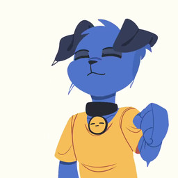 anthro black_collar black_nose blue_body blue_eyes blue_fur clothing collar dialogue floppy_ears fur grey_body grey_fur grin headpat looking_at_viewer male petting_viewer raised_arm shirt simple_background smile smirk solo text topwear white_background yellow_clothing yellow_shirt yellow_topwear dalueart dalue_(dalueart) canid canine canis domestic_dog mammal 2026 2d_animation animated english_text no_sound short_playtime video