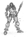 ambiguous_gender armor fingers holding_object holding_weapon looking_at_viewer machine melee_weapon not_furry polearm simple_background solo spear standing text weapon white_background that1cactus bionicle lego mimic_(bionicle) humanoid robot absurd_res english_text graphite_(artwork) greyscale hi_res monochrome sketch traditional_media_(artwork)