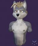 anthro blonde_hair fur grey_body grey_fur hair male purple_background simple_background solo chromakoros koros_whitefang canid canine canis mammal wolf 3d_(artwork) bust_portrait digital_media_(artwork) portrait