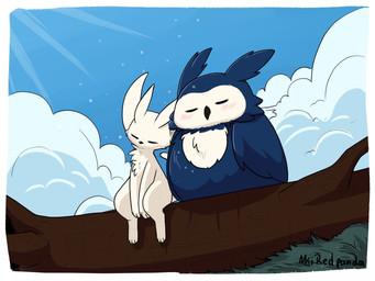 ambiguous_gender anthro beak blue_sky blush blush_lines chest_tuft cloud duo eyes_closed feathers grass light outside plant pointy_ears sitting sky sunlight tail tree tuft white_body aki_red_panda microsoft ori_(series) xbox_game_studios ku_(ori) ori_(ori) guardian_spirit 2024 hi_res signature