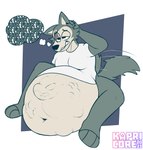 2023 abdominal_bulge anthro beastars belly big_belly body_outline bottomless canid canine canis clothed clothing deep_navel duo embarrassed eye_scar facial_scar hi_res huge_belly hyper hyper_belly kapricore legoshi_(beastars) male mammal navel profanity scar shirt shirt_only simple_background tail tail_motion tailwag tan_body thought_bubble topwear topwear_only vore wolf