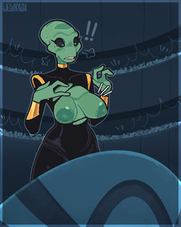 audience black_sclera blush breasts clothing elderly_female embarrassed exclamation_point exposed_breasts female green_body green_skin group mature_female nipples not_furry public public_exposure solo solo_focus surprised wardrobe_malfunction conditional_dnp welwraith disney lilo_and_stitch grand_councilwoman alien alien_humanoid humanoid 2023