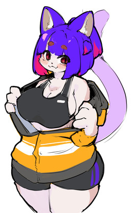 alternate_species anthro athletic_wear black_bottomwear black_clothing black_shorts bottomwear bra breasts cleavage clothed clothing eyebrow_through_hair eyebrows female fur gym_bottomwear gym_shorts hair hood jacket orange_clothing orange_jacket orange_topwear purple_hair purple_tail red_eyes shorts simple_background solo sports_bra tail topwear translucent translucent_hair underwear undressing white_background white_body white_fur crr001 package_(crr001) domestic_cat felid feline felis mammal 2024 absurd_res colored_sketch hi_res sketch