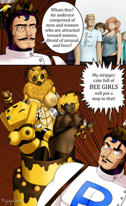3_panel_comic anthro armwear breasts brown_body brown_skin cleavage clothed clothing dark_body dark_skin dialogue elbow_gloves eyewear facial_hair female glasses gloves group hands_behind_head handwear male monocle mostly_nude mustache nipples nude one_eye_closed shirt t-shirt tank_top text topwear wink mightycock bee_movie dc_comics dc_super_hero_girls dr._bees_(series) dreamworks microsoft minecraft mojang xbox_game_studios bumblebee_(dc) dr._bees janet_b._benson animal_humanoid arthropod arthropod_humanoid bee bee_(minecraft) bee_humanoid human humanoid hymenopteran hymenopteran_humanoid insect insect_humanoid mammal 2021 absurd_res character_request english_text hi_res