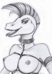 anthro areola breasts collar female looking_at_viewer monochrome nipples non-mammal_breasts non-mammal_nipples reptile scalie sketch smile snake solo spiked_collar spikes vani-fox